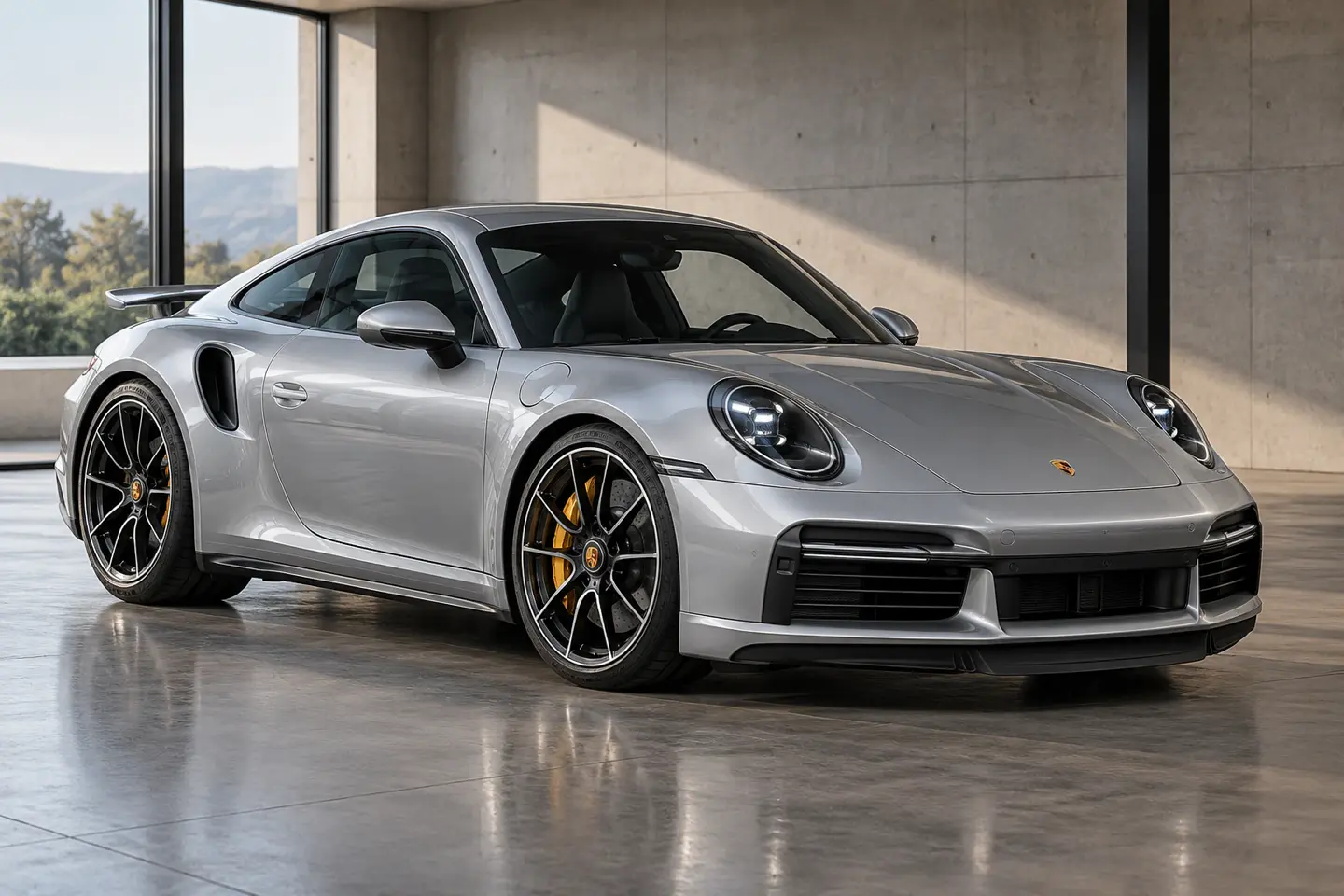 Porsche 911 Turbo S prata em garagem de concreto