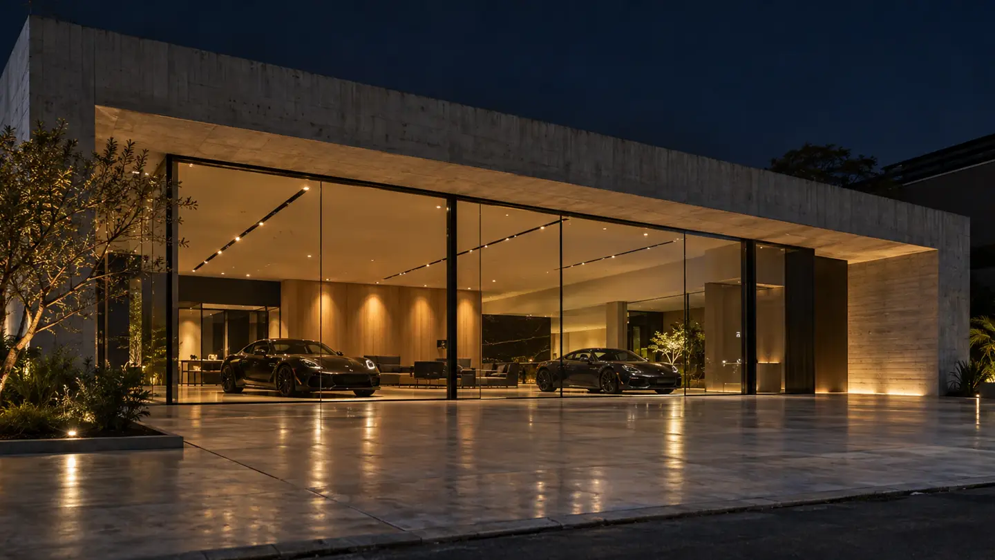 Fachada de showroom de concreto e vidro à noite, com dois esportivos no interior